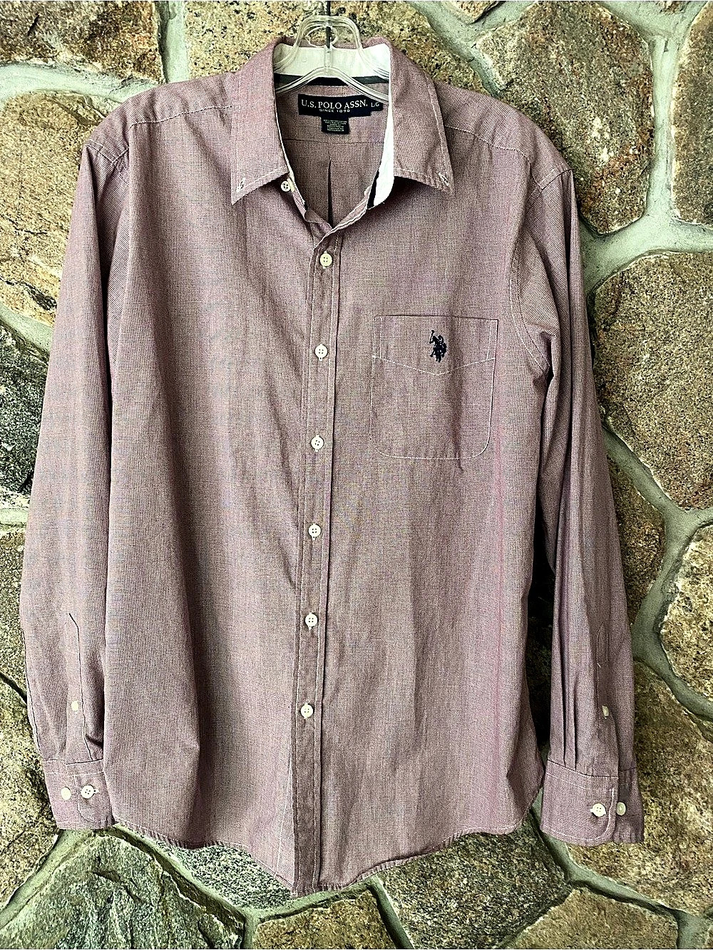U.S. Polo Assn. Button Down Shirt in Burgundy & White houndstooth pattern.